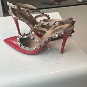 Valentino Garavani Rockstud Ankle Strap Pumps in Red and Beige Patent & Leather